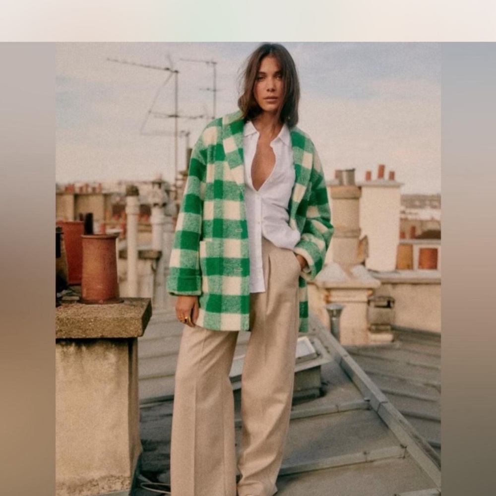 Sezane Green and White Charles ecru wool jacket